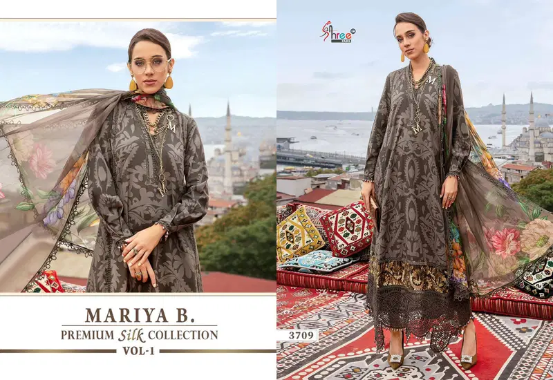 Premium Silk Collection Vol 1 By Mariya B Japan Satin Silk Printed Pakistani Suit Wholesale Online
 